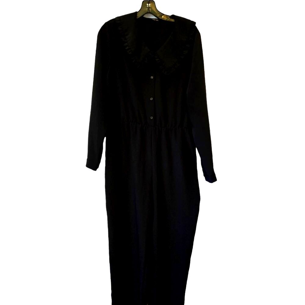 Monki Black Elastic Waist Jumpsuit Dark Academia Coquette Collar Ruffled Button
